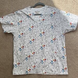 Peaches Scrub White Cartoon Drawn Animal Print Coloring Book Style Sz L 23"x 28"